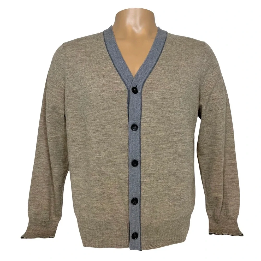 Banana Republic Men's Extra Fine Merino Wool Button Cardigan Tan Grey Size Large